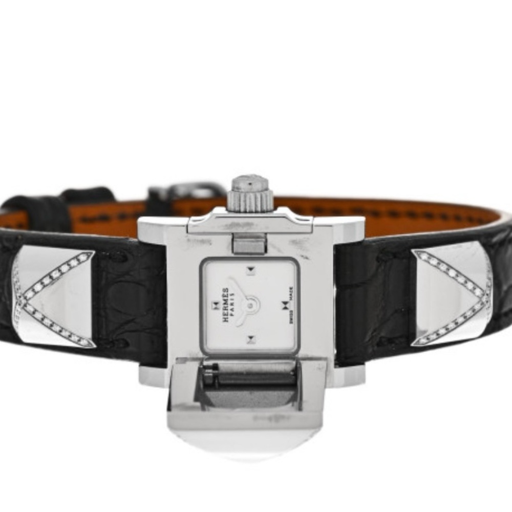 Hermes Medor Diamond Encrusted Black Alligator Strap and Stainless Women's Watch